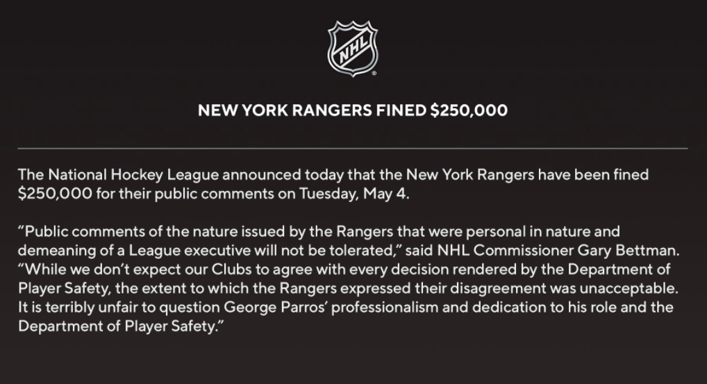 GROSSE AMENDE SALE pour les Rangers....