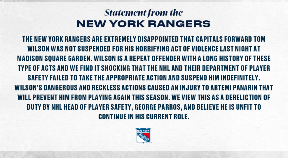 L'organisation des Rangers demandent le CONGÉDIEMENT de George Parros!!!!