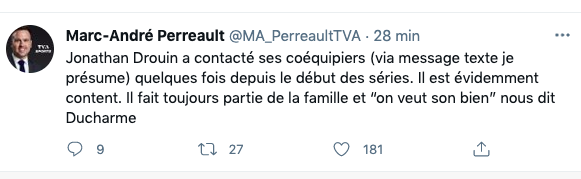 Jonathan Drouin est en CONTACT avec l'équipe..