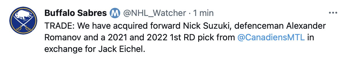 Un faux compte Twitter des Sabres, envoie Suzuki et Romanov à Buffalo...