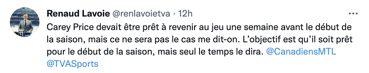 Pas certain que Carey Price sera prêt pour le premier match...