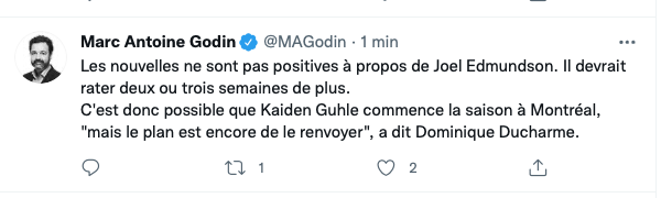 Joel Edmundson va RATER de 2 à 3 semaines...9 matchs pour Kaiden Guhle...