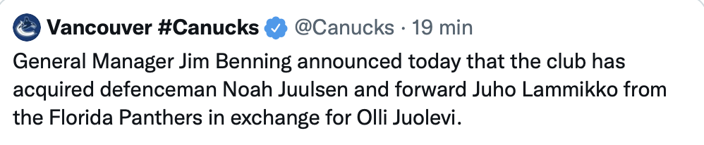 Olli Juolevi échangé aux Panthers !!!