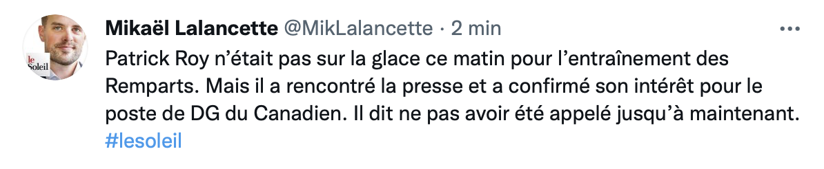 Patrick Roy confirme qu'il veut le poste de DG du Canadien !!!