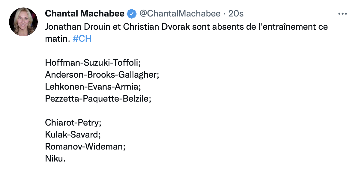 Toujours pas de Drouin à l'entraînement, ni de Dvorak...