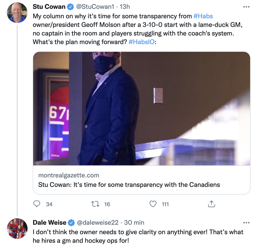 WOW...Dale Weise protège Geoff Molson...