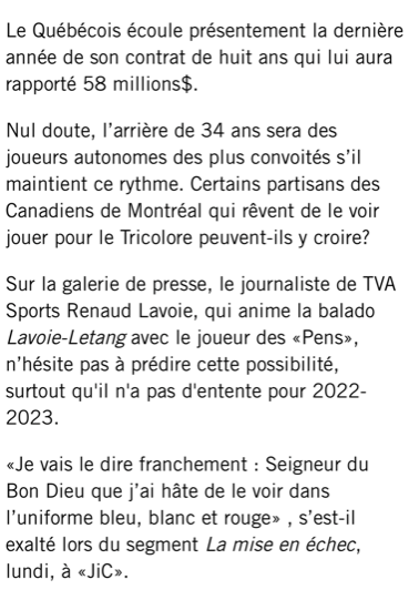 Renaud Lavoie: Kris Letang sera un membre du Canadien de Montréal l'été prochain...