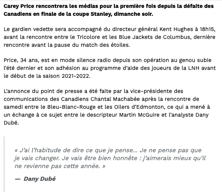 Carey Price va enfin parler aux médias...ce soir...