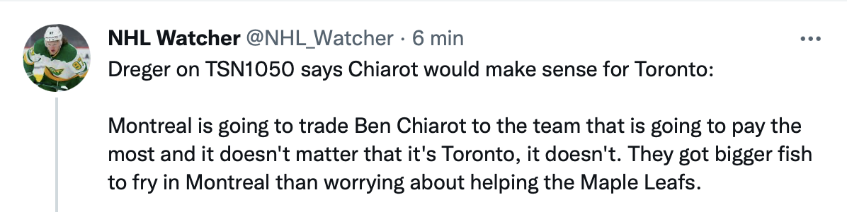 Darren Dreger envoie Ben Chiarot...