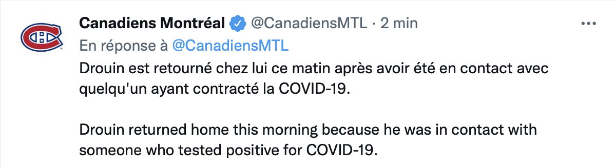 Jonathan Drouin a ramené la COVID chez le CH ?