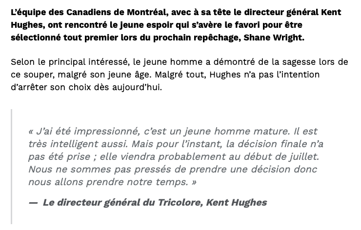 Est-ce quelqu'un doute que Shane Wright soit le choix du CH?