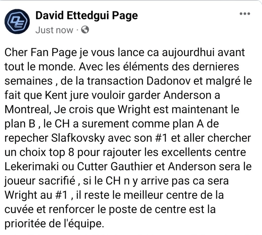 Pour l'ANCIEN AGENT...Une preuve que le CH va sélectionner Juraj Slafkovsky au lieu de Shane Wright.