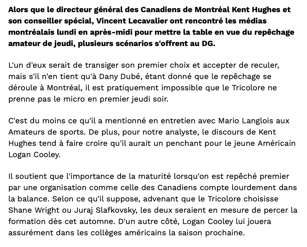 Dany Dubé envoie Logan Cooley à Montréal!!!!