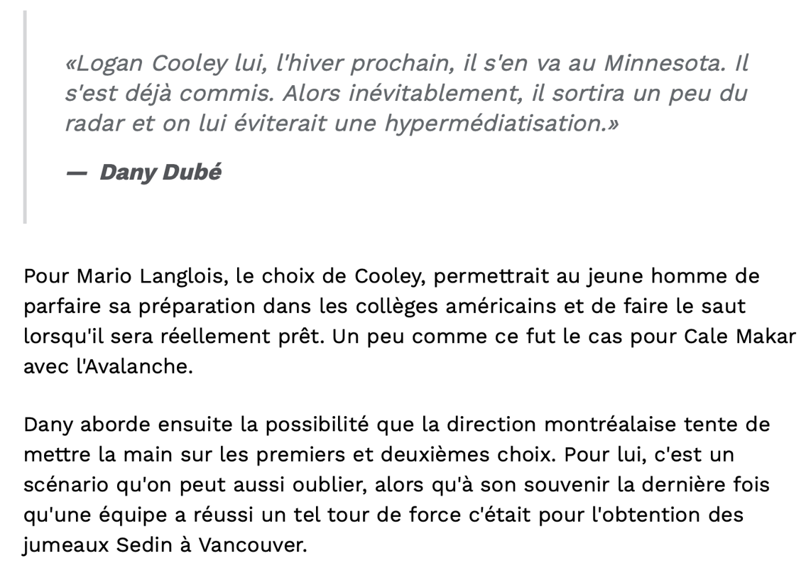 Dany Dubé envoie Logan Cooley à Montréal!!!!