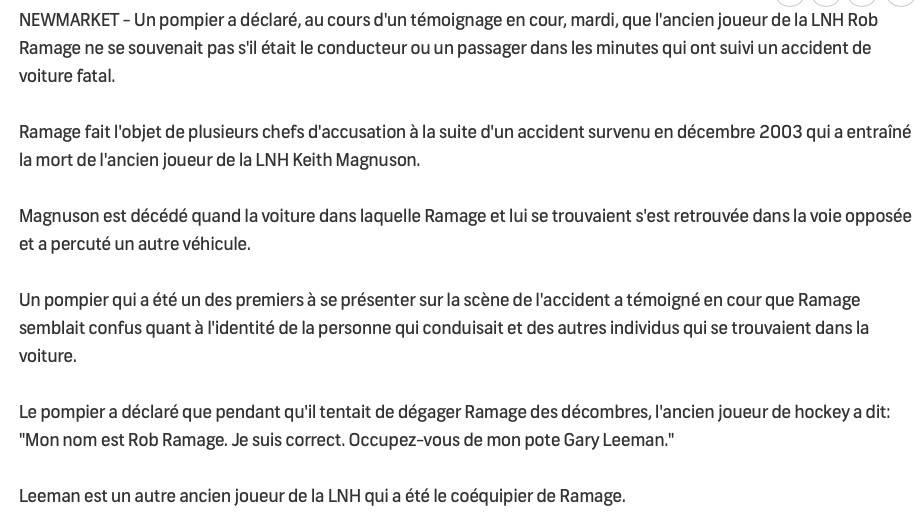 Rob Ramage compare la victime de son accident à la victime de Logan Mailloux..