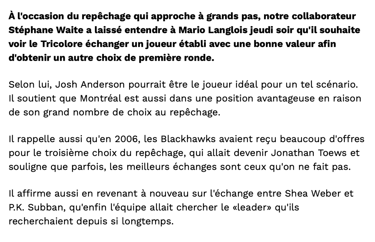 Transaction de Josh Anderson: Stéphane Waite...