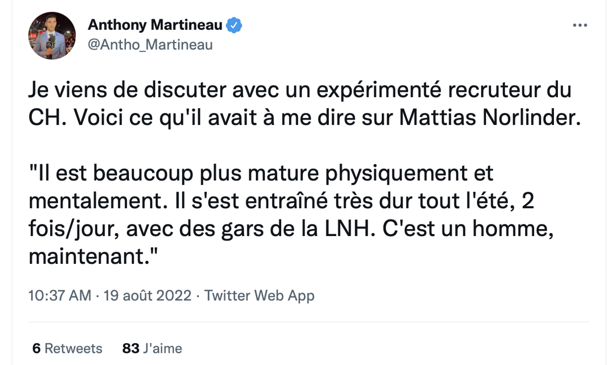 AYOYE...Selon un recruteur du CH...Mattias Norlinder...