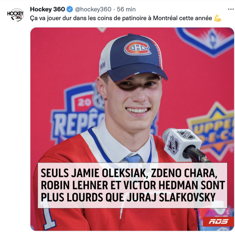 Seulement 4 joueurs sont plus lourds que Slafkovsky dans la LNH