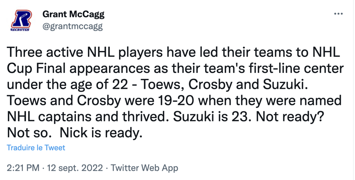 WOW...Qu'ont en commun Crosby, Toews et NICK SUZUKI?