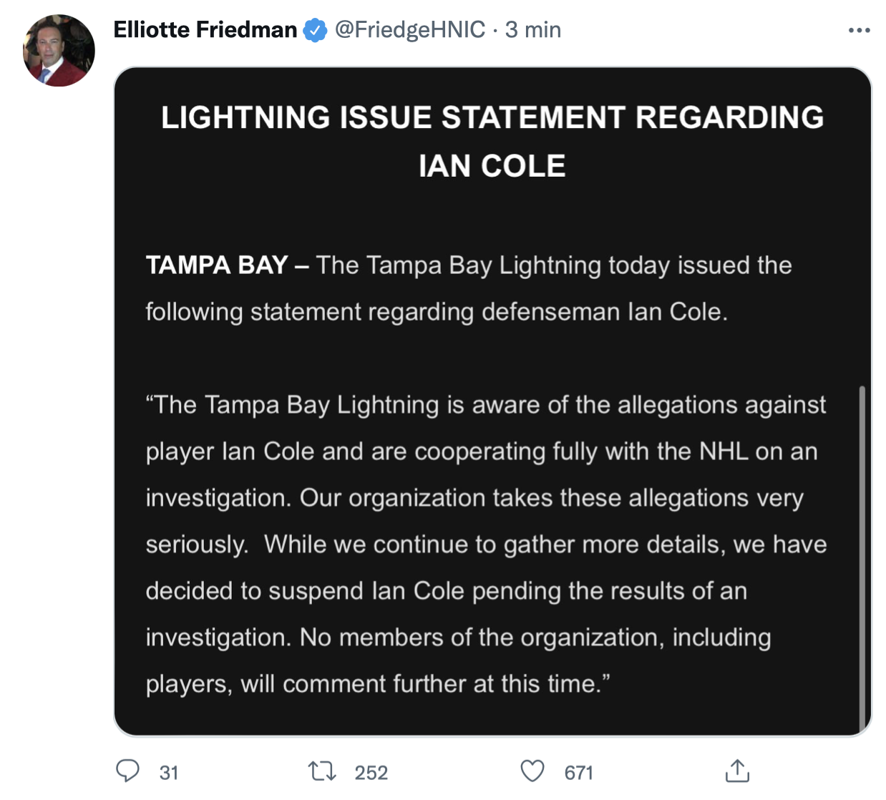 AYOYE ... IAN COLE suspendu par le LIGHTNING