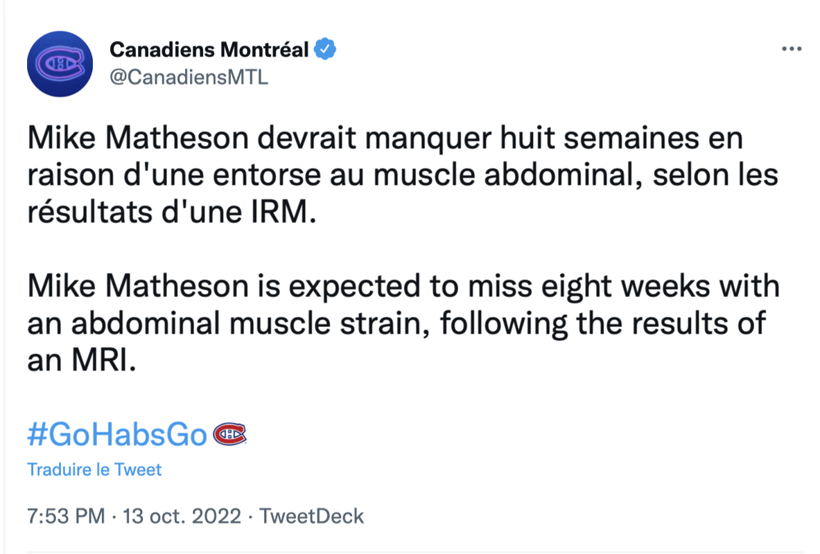 Le CIEL tombe sur la TÊTE de Mike Matheson