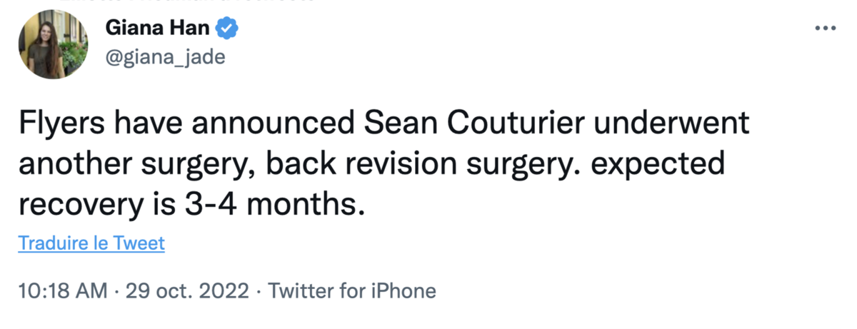 OUCH !!! Sean Couturier s'est fait opérer au DOS