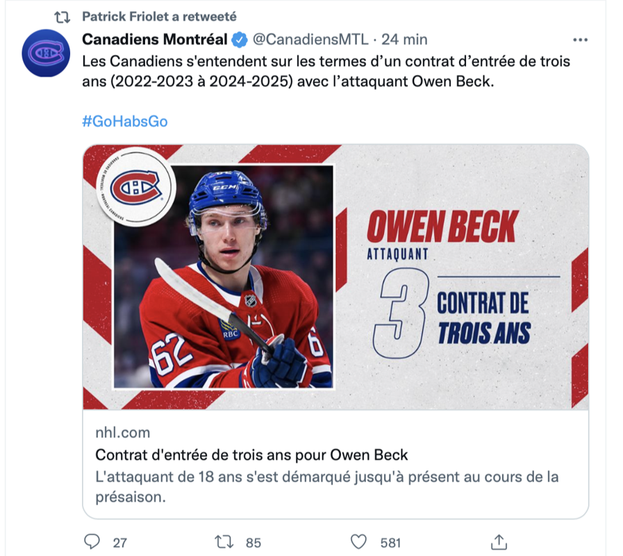 Owen Beck doit REMERCIER Marc Bergevin