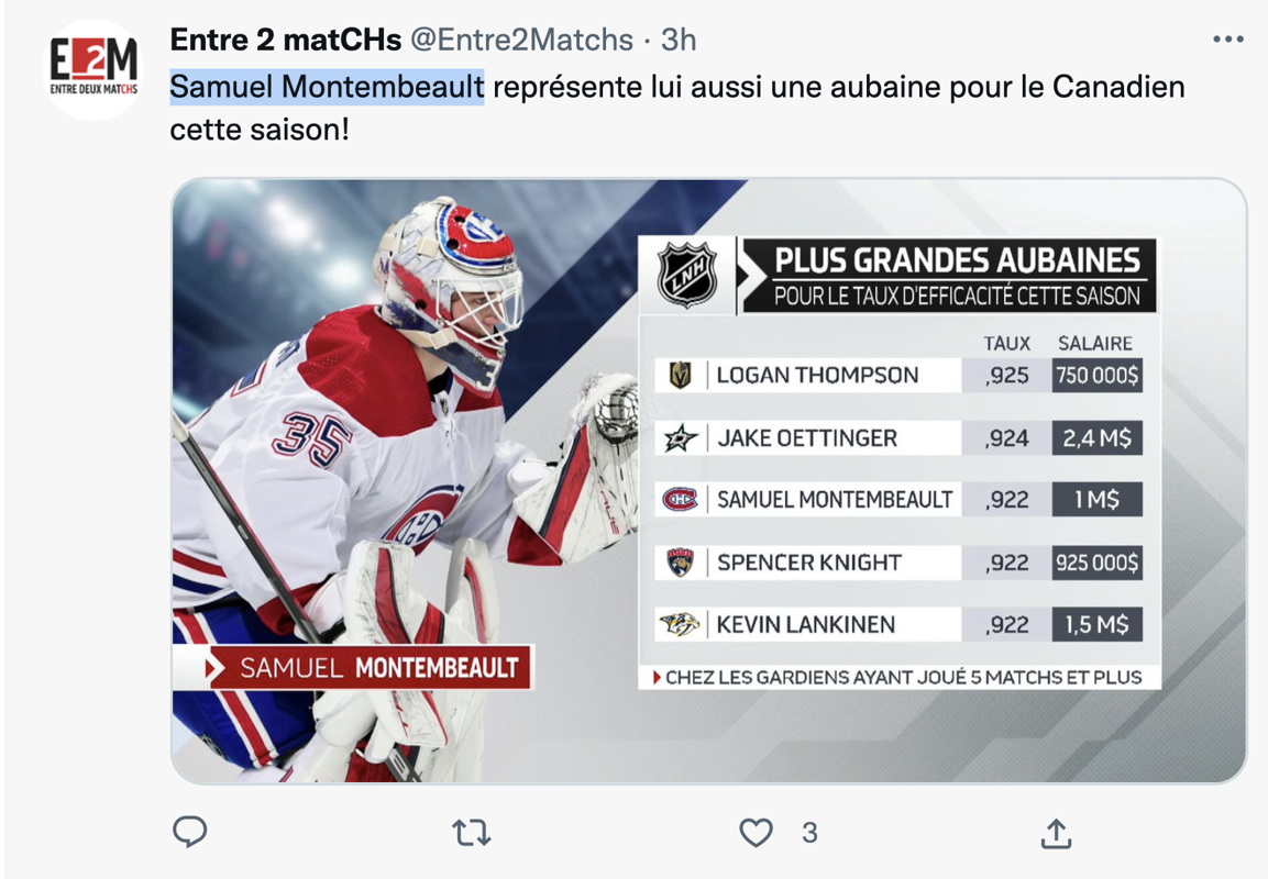 WOW !!! Samuel Montembeault dans le TOP 3 de la LNH