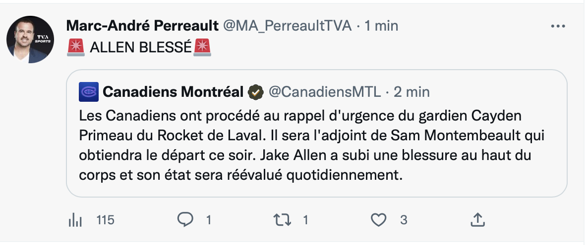 Cayden Primeau RAPPELÉ en URGENCE!!!!! Jake Allen BLESSÉ!!!