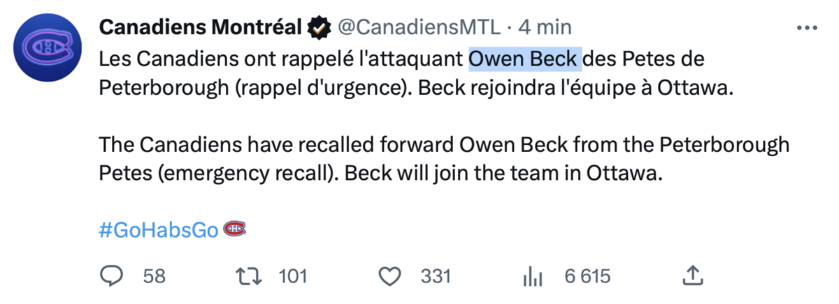 WOW !!! Owen Beck rappelé par le CH !!!