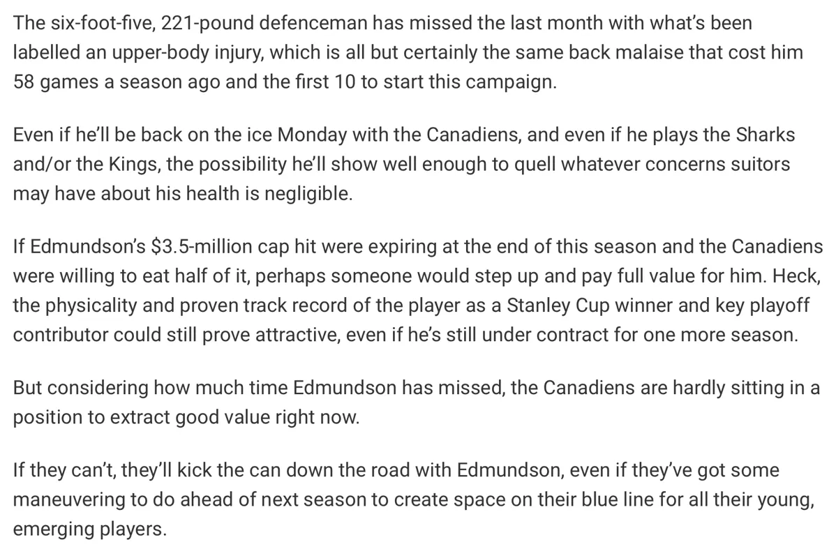 Selon Sportsnet, Joel Edmundson...OUCH...