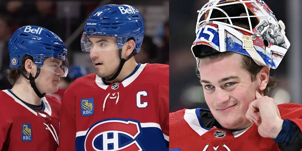 Samuel Montembeault devant Nick Suzuki et Cole Caufield